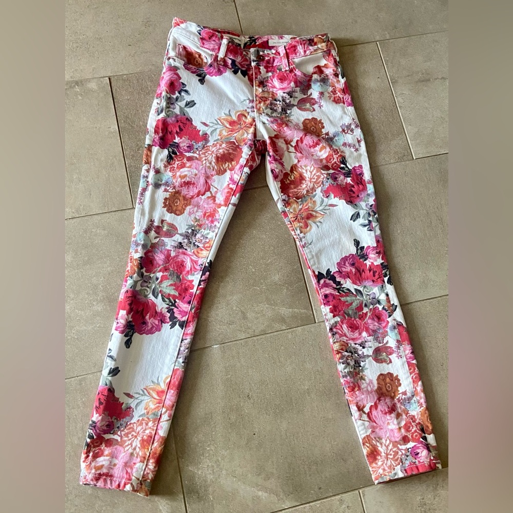 Pilcro and Letterpress by Anthropologie white floral skinny mid rise jeans 27